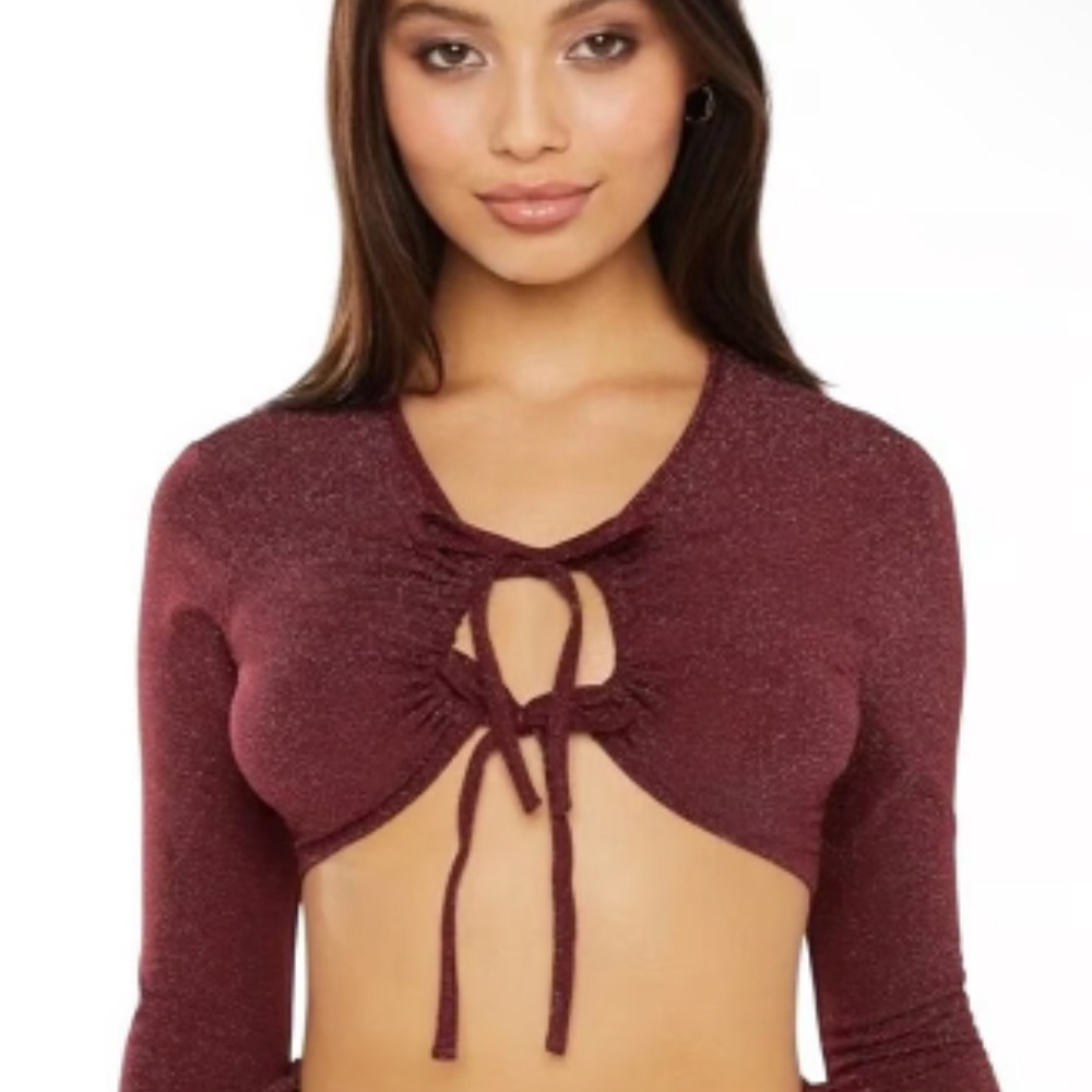 Savage X Fenty Sleep & Shine Tie Front Crop Top M Red Cocoa Long Sleeve